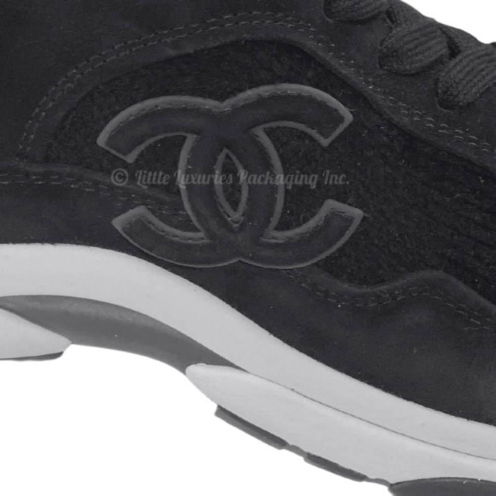 Authentic Chanel Women's Black/Black Knit Fabric Suede Calfskin CC Logo Sneakers - Picture 7 of 14